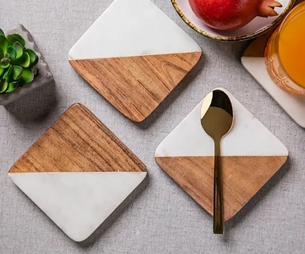 Half marble, half wood square coaster