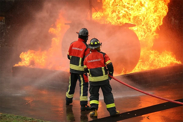 A duo of firefighters dealing with a huge fire flare-up 