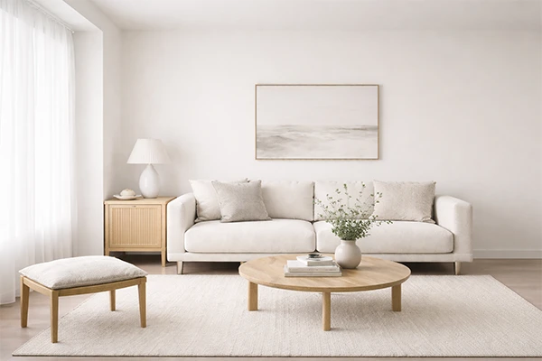 A midimalistic style room featuring Benjamin Moore white dove color