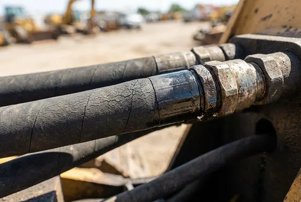 Close-up of aging hydraulic hoses showing wear and cracks.