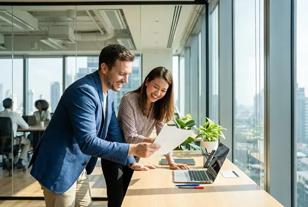 Colleagues reviewing documents in a modern office setting