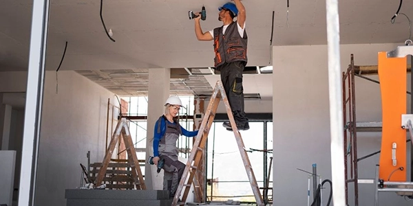  Workers installing ceiling fixtures on ladders at a construction site