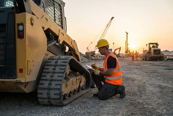Worker inspecting construction machinery at a job site during sunset.