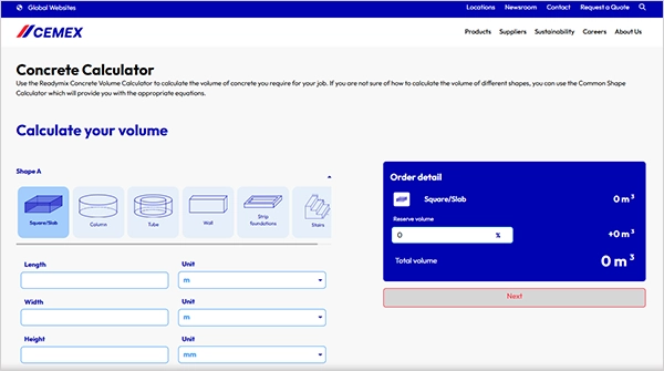 CEMEX Ready Mix Concrete Calculator