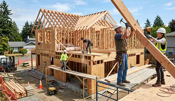 Construction workers building a house