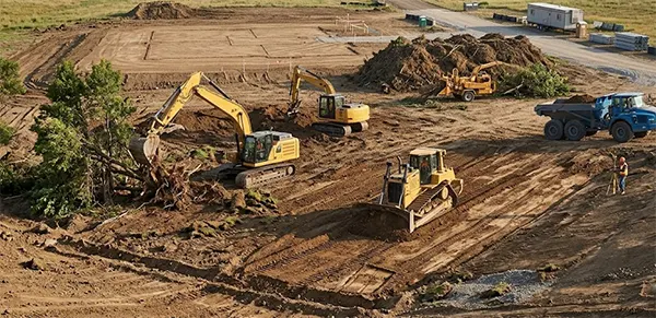 Heavy truck and construction vehicles clearing and grading the site