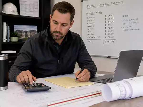 A professional construction estimator engrossed in calculations