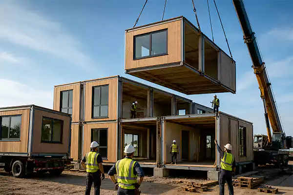 A team of professionals assembling modules of a house on site