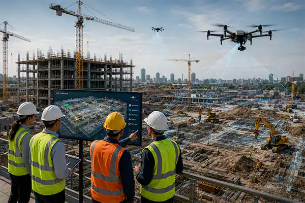 Professionals analyzing site parts with aerial footages