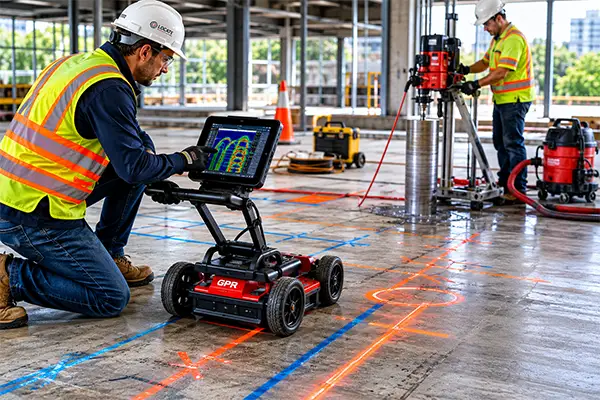 Technician performing concrete scanning before concrete coring on a commercial construction project