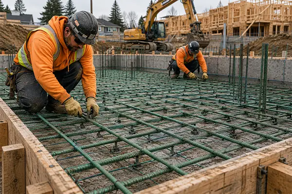 epoxy-coated rebar installed for a concrete foundation before pouring concrete