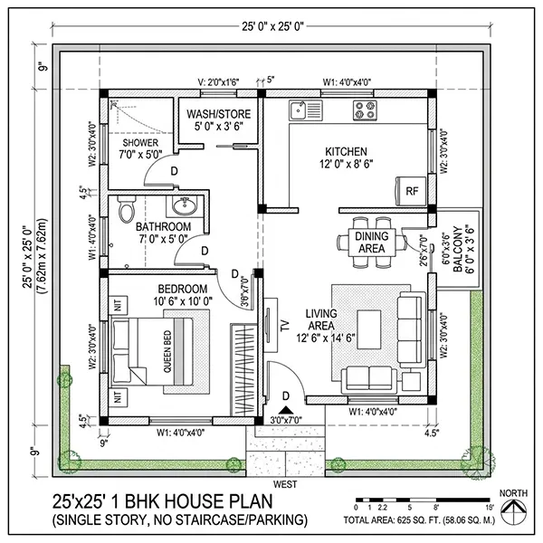 25x25 1 BHK House Plan