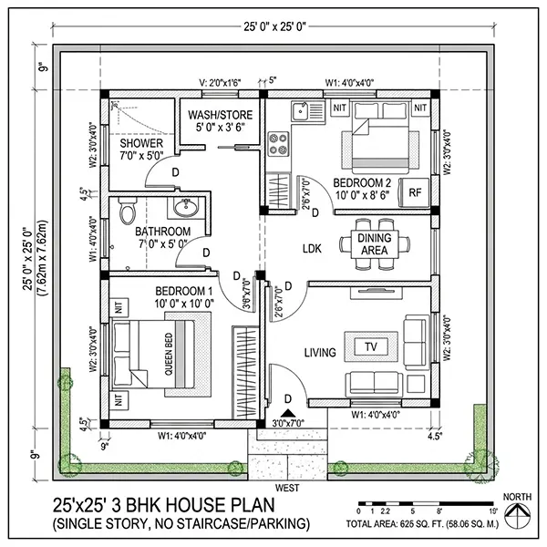 25x25 3 BHK House Plan