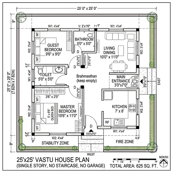 25x25 House Plan as per Vastu