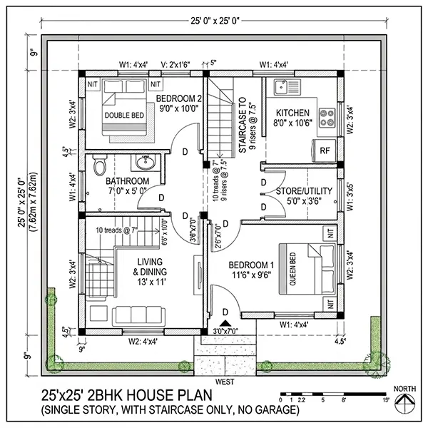 25x25 House Plan with Staircase