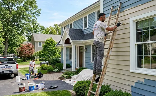 A man painting the house wall from outside and another man standing apart managing some buckets 
