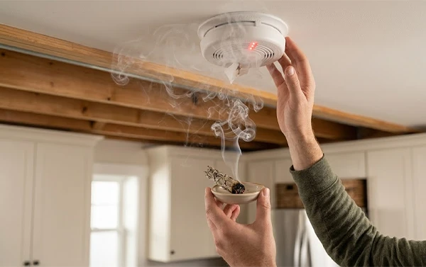 A persons hand testing a smoke alarm
