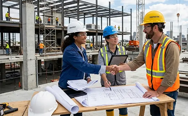 An architect and a contractor shaking hands and an engineer being part of the discussion on a construction site