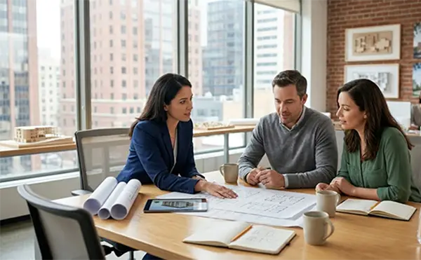 An architect sitting with two people and discussing something
