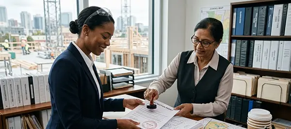 An authorizing officer putting a stamp on some construction documents held by an architect