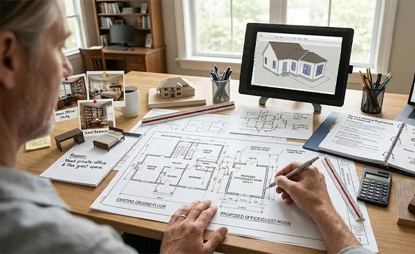 An old person planning the addition of a room in his house with a room chart on the table and a pen in his hand