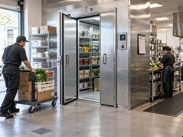 Commercial kitchen with a walk-in cooler, floor drains, stainless-steel equipment