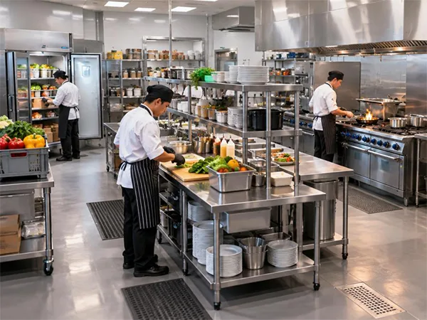 Commercial restaurant kitchen with organized workstations, stainless-steel equipment
