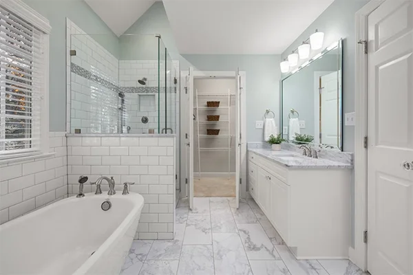 Elegant bathroom with white marble glass shower and bright lighting Perfect for luxury home decor inspiration