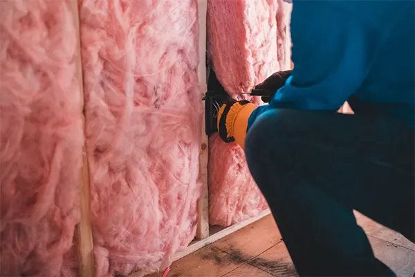 Focused worker installing pink fiberglass insulation in a building interior