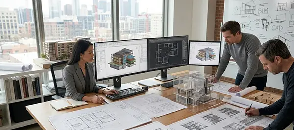Three architects planning the structure of a building using charts and 3D models