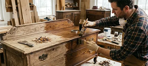 a person refinishing an old piece of furniture