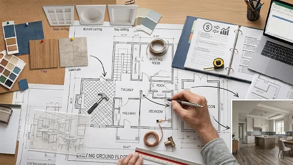 a persons hand showing who is planning for house remodeling with various charts pages and a laptop kept on the table