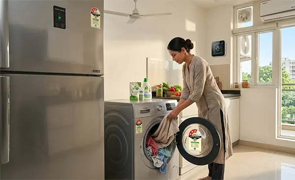 a woman using an energy efficient washing machine to wash the clothes and a five star rated refrigerator also kept in the room