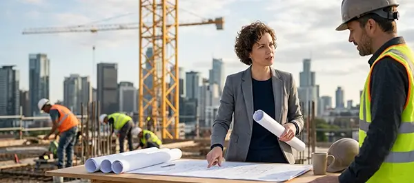 an architect and a contractor planning the project on a construction site 