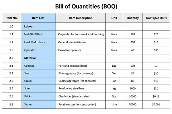 A bill of quantities shown with its items and their costs
