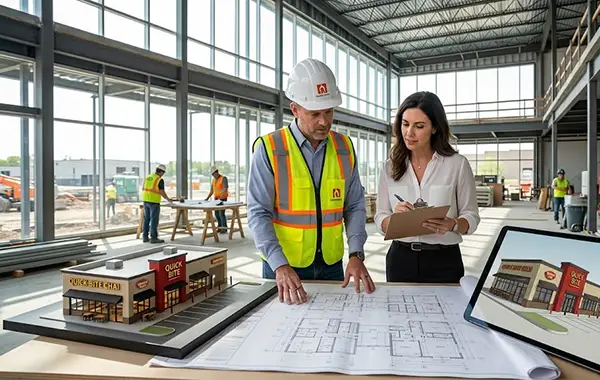 A contractor and a woman professional discussing the design on a chart paper of a big construction project