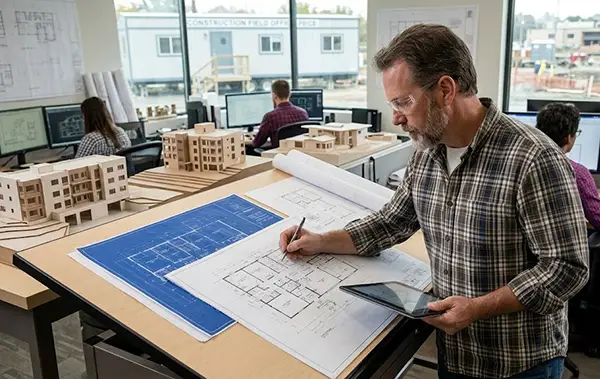 A person designing the plan of a house on chart paper