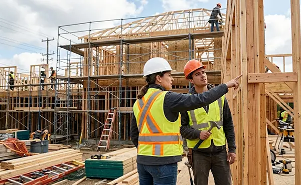 a contractor guiding a worker on the construction site