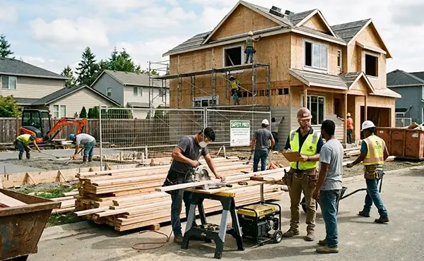 a contractor talking with a person and some workers working for the construction of a home