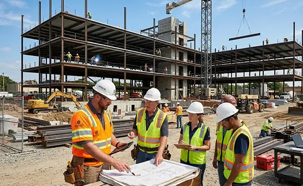 a contractor talking with his fellow contractors about the design on a construction site