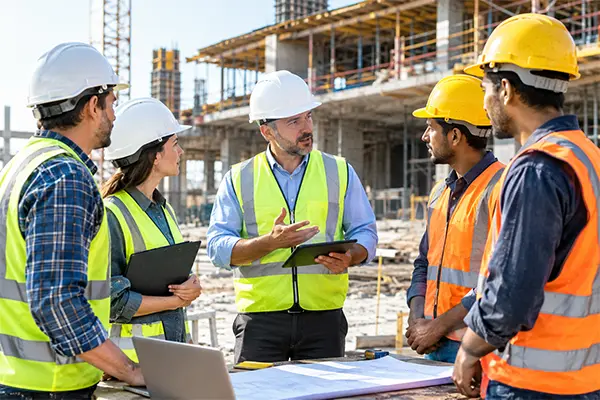 a group of professionals discussing something on a construction site