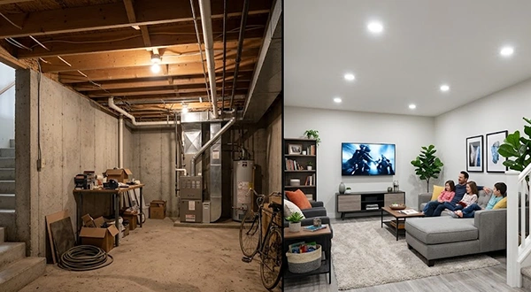a side-by-side comparison of an unfinished space and a finished, well-maintained space roomm
