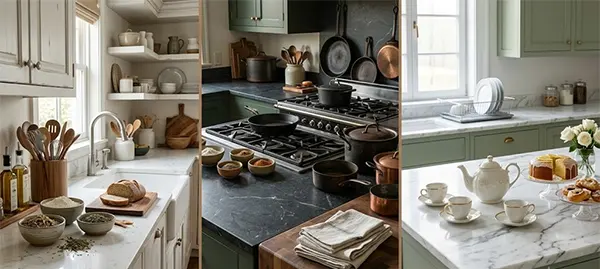 Three types of countertops in a kitchen