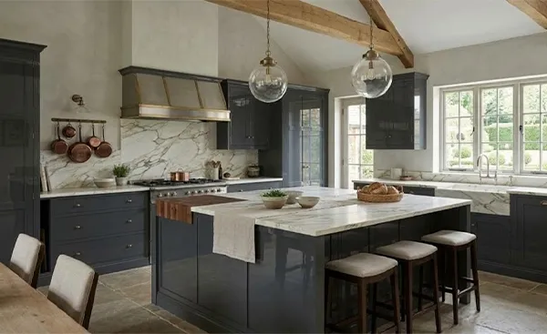 a charcoal themed farmhouse kitchen