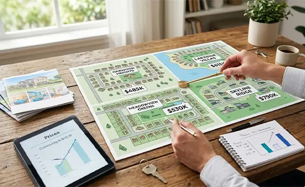 a chart comparing different house prices and some bar graphs shown on a tablet and notepad on a table