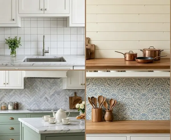 a collage of different backsplashes in a kitchen