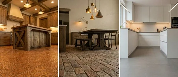 a collage of three types of flooring in kitchens