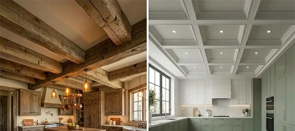 a collage of two different types of kitchen ceilings