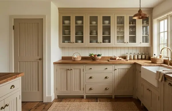 a kitchen with Shaker style cabinets mounted on the wall