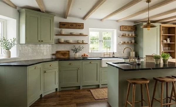 a kitchen with a sage green color palette